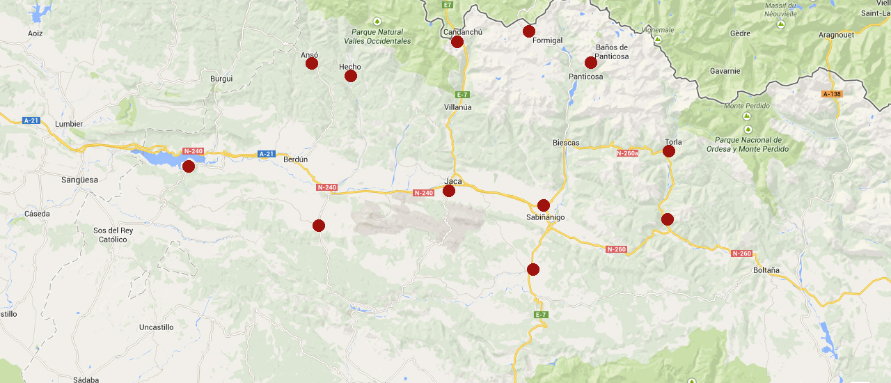 Comarca de La Jacetania, Comarca Alto Gallego, Comarca Sobrarbe (Nuestros límites: Ansó, Artieda, Bailo, Jaca, Hostal Ipiés, Fiscal, Ordesa, Portalet, Candanchú)